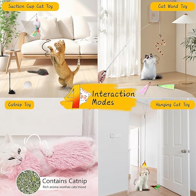 4-in-1 Interactive Cat Feather Toys with Durable Retractable Fishing Pole, Enhanced Suction Cup Toy, Door Hanging Teaser Toy and 11 Attachments Replacements for Bored Indoor Adult Cats-Mewly Pet