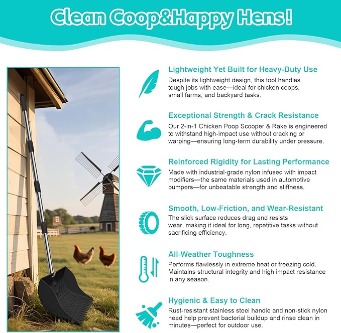 12-Inch 2-in-1 Chicken Poop Scooper & Rake – US Patent Pending – 3-Shape Sifting Holes Chicken Coop Rake，Stainless Steel Handle （20–61"）– Litter Scoop Sand & Sifting Shovel for Chicken Coops (Black)-Mewly Pet
