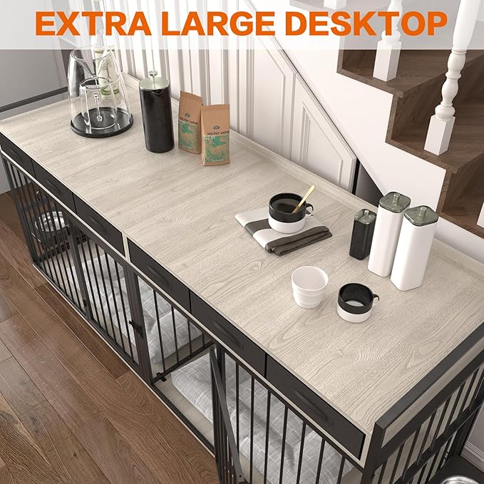 86.6inch Dog Crate Furniture with Storage,Furniture Style TV Stand Dog Kennel for 2 Dogs,with 6 Drawers,Removable Divider&Adjustable Bowls,Heavy Duty Metal Chew-Resistant Dog Crate Furniture-Mewly Pet