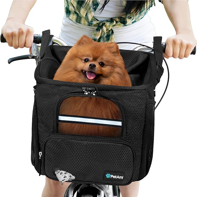 PetAmi Dog Bike Basket, Soft-Sided Ventilated Dog Bike Carrier Backpack, Pet Bicycle Basket for Bike Handlebar, Small Medium Puppy Cat Kitten Car Booster Seat with Safety Strap, Max 18 lbs, Black-Mewly Pet