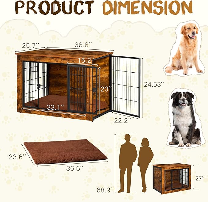 Bigrab Dog Crate Furniture with Thick Cushion, Side End Table Wooden Dog Cage with Double Doors, Chew-Resistant Dog Kennel Dog House Indoor for Small to Large Dog, L-Mewly Pet