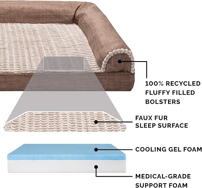 Furhaven Cooling Gel Dog Bed for Large Dogs w/ Removable Bolsters & Washable Cover, For Dogs Up to 125 lbs - Luxe Faux Fur & Performance Linen Sofa - Woodsmoke, Jumbo Plus/XXL-Mewly Pet