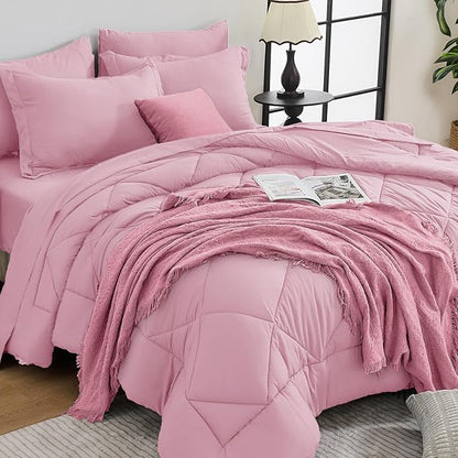 HEVUMYI Pink King Comforter Set - 7-Piece All Season Bed in a Bag King, Ultra Soft Bedding Set with Comforter, Flat Sheet, Fitted Sheet, Pillowcases, Pillow Shams, Pink