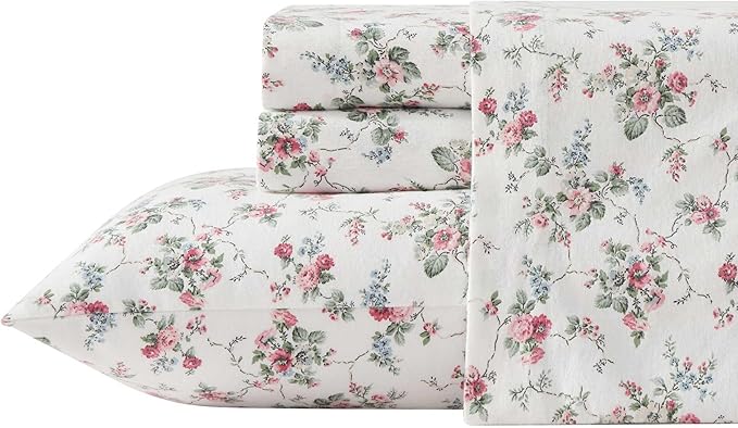 Laura Ashley - Flannel Sheets Full Size, Anti-Pilling & Wrinkle Resistant Cotton, Touchably Soft for All-Season Comfort - Bed Sheets with Matching Pillowcases & Fitted Sheet (Le Fleur Pink)