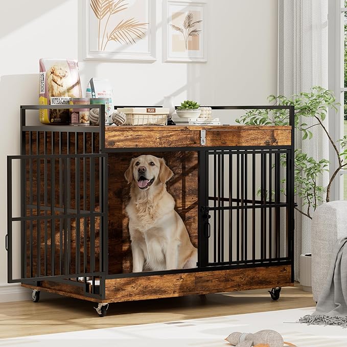 Dog Crate Furniture Large Breed with 2 Stainless Steel Bowls, Large Wooden Dog Crate Table, Escape-Proof & Chew-Proof XL Furniture, Decorate House As TV Stand, End Table, 45" L X 30" W 37" H-Mewly Pet