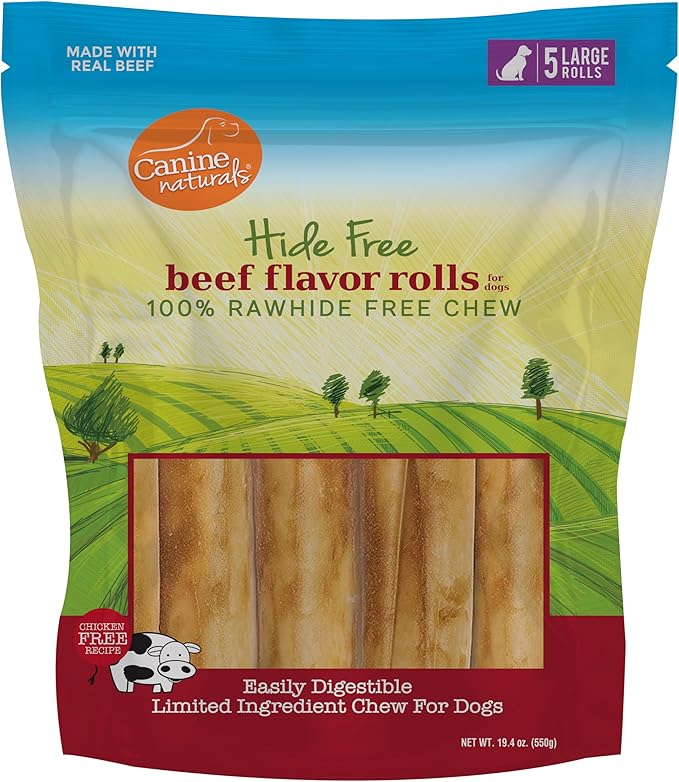 Canine Naturals Beef Chew - Rawhide Free Dog Treats - Made with Real Beef - Poultry Free Recipe - All-Natural and Easily Digestible - 5 Pack of 7 Inch Large Rolls for Dogs 50-75lb-Mewly Pet