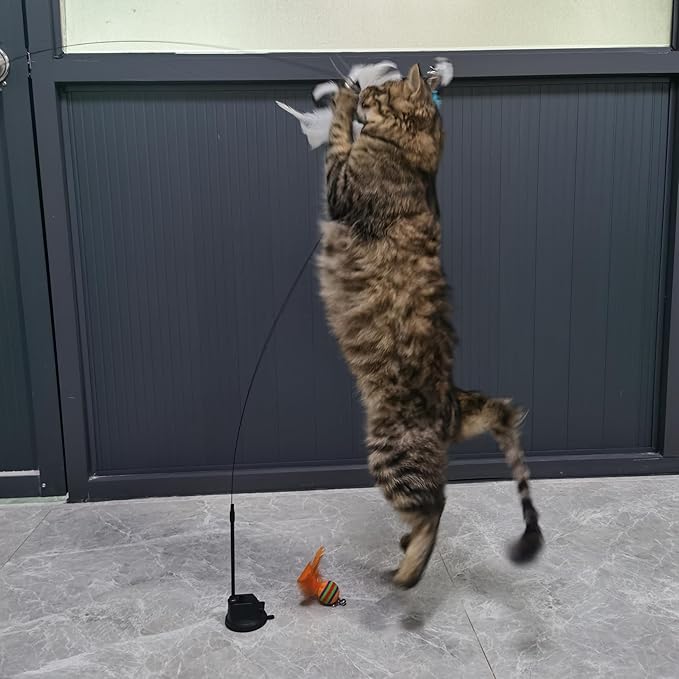 Interactive Cat Feather Toy with Super Suction Cup & Bonus Double-Sided Nano Adhesive – 3 Replaceable Feathers, Bell & Spring Wand – Fun Exercise for Indoor Cats & Kittens (Fly Bird Blue)-Mewly Pet