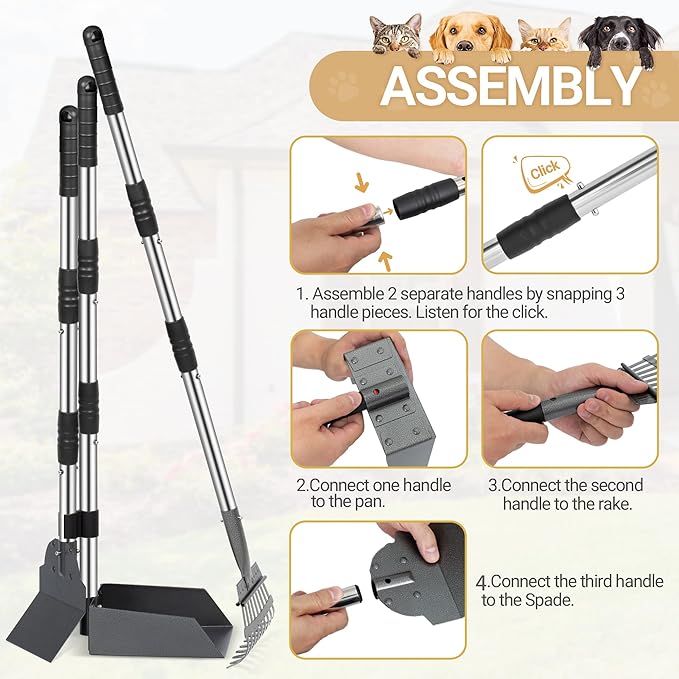 Heeyoo Dog Pooper Scooper, Dog Poop Tray and Rake Set, Pet Waste Removal Scoop with Long Adjustable Sectional Stainless Handles-Mewly Pet