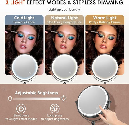 9" Wall Mounted Lighted Makeup Mirror,4000mAh Rechargeable Double Sided 1X/20X Magnifying Mirror with Light,Touch Dimmable,Extended Arm 360 Rotation Wall Mounted Makeup Mirror 3 Color Lights-B