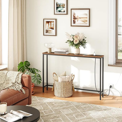 HOOBRO 47.2" Narrow Console Table with Power Outlet, 5.9" Behind Couch Table with Charging Station, Long Sofa Side Table, Skinny Entryway Table for Living Room, Hallway, Foyer, Rustic Brown BF15XG01G1