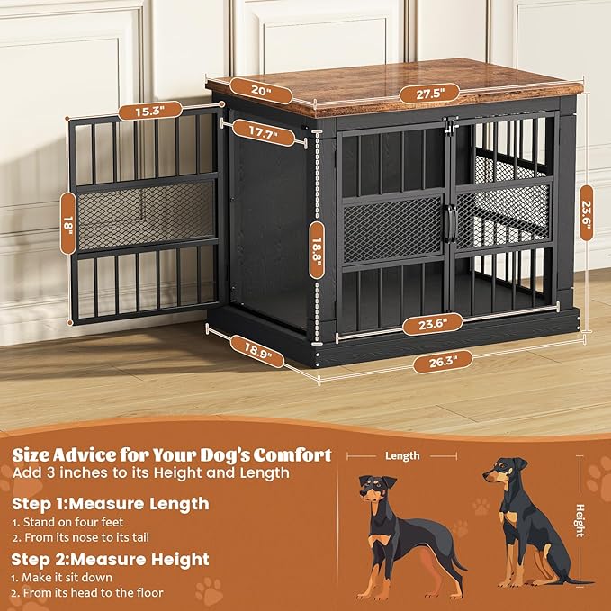 VOPEAK 27.5" Dog Crate Furniture, Chew Resistant Dog Crate for Small Dogs Puppy, Heavy Duty Dog Crates Dog Kennel Cage Indoor with Double Doors, Wooden End Table for Bedroom Living Room, Black-Mewly Pet