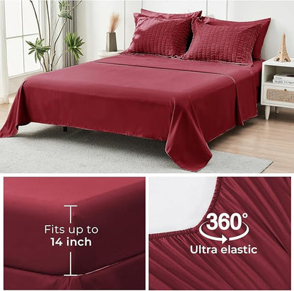 HYMOKEGE Burgundy Twin XL Comforter Set Seersucker 5 Pieces, All Season Luxury Bed in a Bag for Bedroom, Bedding Set with Comforter, Sheets, Pillowcase & Sham