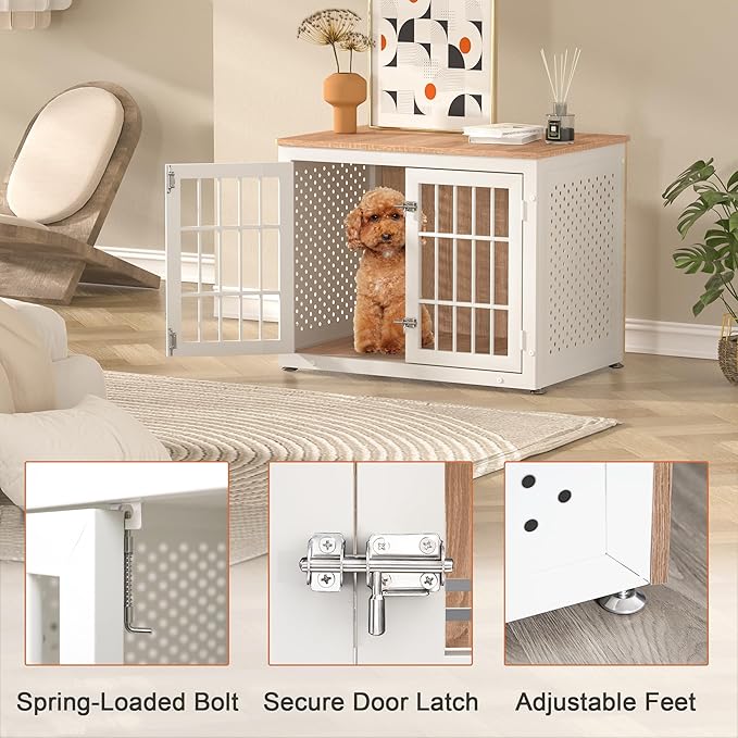 32" Heavy Duty Dog Crate Furniture for Small and Medium Dogs, Metal Kennel for High Anxiety Dogs, Chew Proof Pet Cage Indoor, Decorative Dog Kennel End Table, White-Mewly Pet
