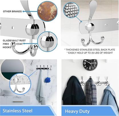 GlazieVault Coat Rack Wall Mount - Stainless Steel Coat Hooks (2 Pack) - Heavy Duty Wall Hooks for Clothes & Accessories