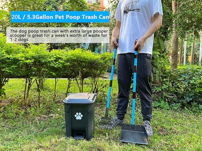 Dog Poop Trash Can for Outdoors with Extra Large Pooper Scooper & 50 Waste Bags - 20L/5 Gallon Large Dog Poop Trash Can Outside with Lid and Removable Inner Bucket Waterproof Odor Control for Backyard-Mewly Pet