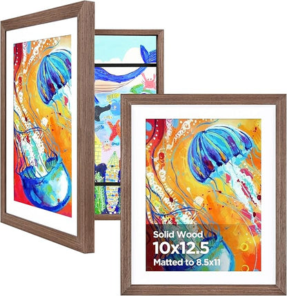 KINLINK 10x12.5 Kids Art Frames Set of 2, Solid Wood Kids Artwork Frames Changeable with Acrylic Front Opening Holds 150 Pictures, Art Frame for Kids Artwork with Mat or without Mat, Brown Wood