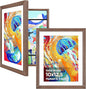 KINLINK 10x12.5 Kids Art Frames Set of 2, Solid Wood Kids Artwork Frames Changeable with Acrylic Front Opening Holds 150 Pictures, Art Frame for Kids Artwork with Mat or without Mat, Brown Wood