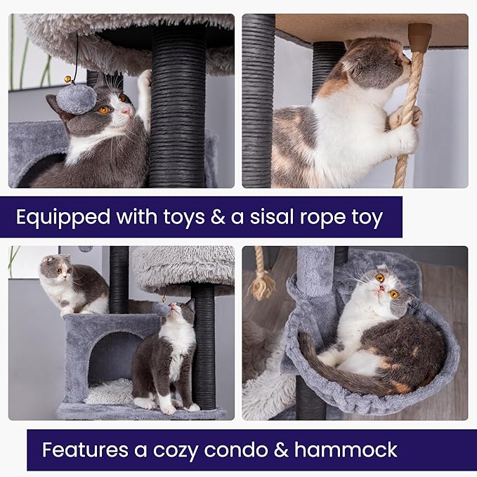 Catry Bradbury 7-Level 62.5” Modern Cat Tree with Replaceable Scratching Posts,Big Condo,Two Washable Beds, Two Hammocks,Quick Assembly, for Multi-Cat Homes(Cloud Gray)-Mewly Pet