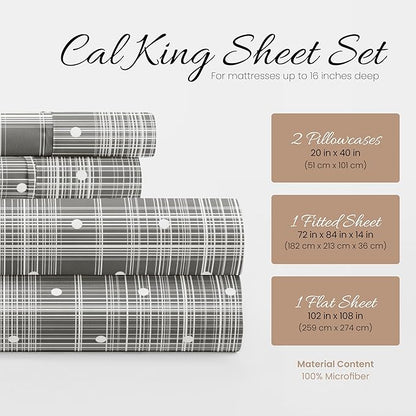 Linen Market Double-Brushed Patterned Microfiber California King Sheet Set 4 Piece – Oeko-TEX Certified Ultra Soft & Wrinkle-Free - 16" Deep Pocket Sheets Easy Care Cal-King Size - Polka Dot Gray