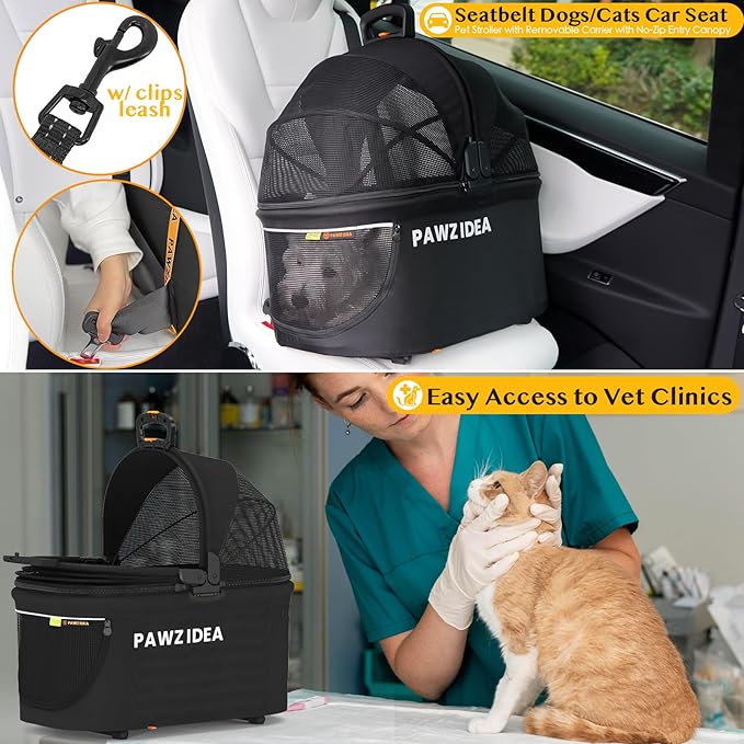 PAWZIDEA Double Pet Stroller with 2 Detachable Carriers, Portable Dog Crate for Car Travel & TSA-Approved Expandable Cat Carrier, Foldable Lightweight Jogger Stroller for 2–4 Cats or Small/Medium Dogs-Mewly Pet