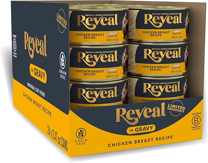 Reveal Natural Wet Cat Food, 24 Count, Grain Free, Limited Ingredient Canned Food for Cats, Chicken Breast in Gravy, 2.47 oz Cans-Mewly Pet