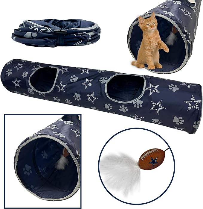 NFL Dallas Cowboys Cat Tunnel Tube Toy with Plush Football Catnip and Feathers Collapsible Tunnel for Cats to Play, Peek and Hide, Sporty & Fun Cat Tunnel Toy with Team Logo All-Over Design!-Mewly Pet