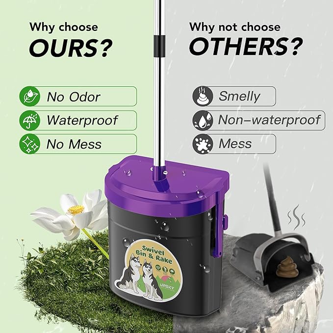 UPSKY Dog Pooper Scooper Swivel Bin & Rake Kit with 100 Waste Bags,33.4" Stainless Steel Long Handle Heavy Duty Pet Poop Shovel for Large Medium Small Dogs, Odor-Proof Lid for Yard/Lawn/Outdoor Use-Mewly Pet