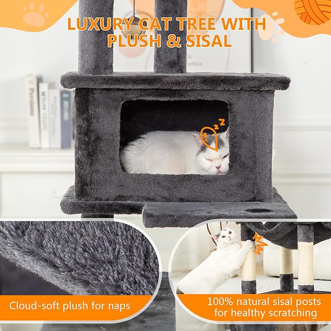 KITTY KINGDOM 65in Large Cat Tree Condo Furniture for Indoor Kitties, Multi-Level Cat Tower with 4 Scratching Posts, Cat Cave, Hammock, Perch & Reinforced Base, Plush Gray-Mewly Pet