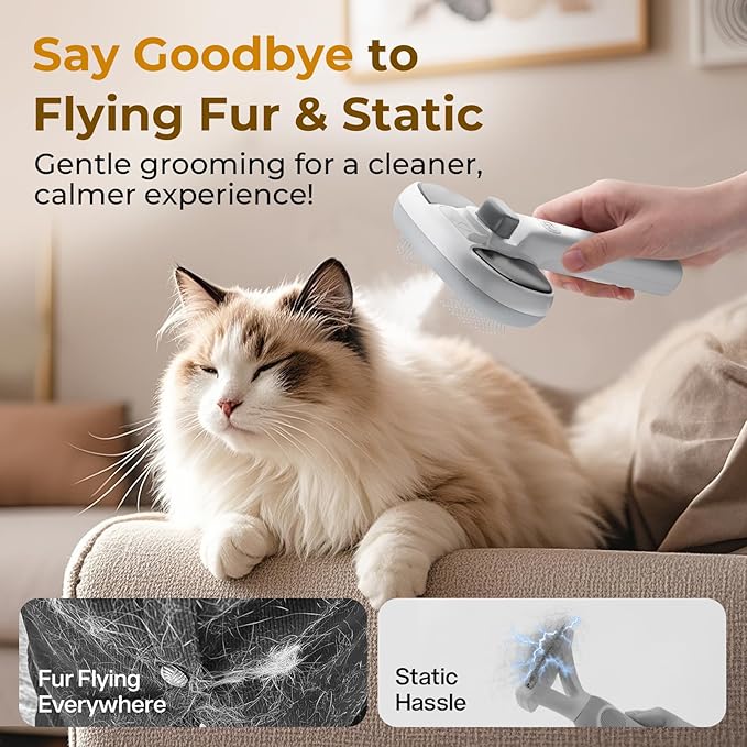 Pecute Steam Cat Brush, Self-Cleaning Cat Steam Brush with 2 Water Spray Modes, Large Capacity Tank, Dog Brush for Shedding Massaging Grooming, Cool Mist Only-Mewly Pet