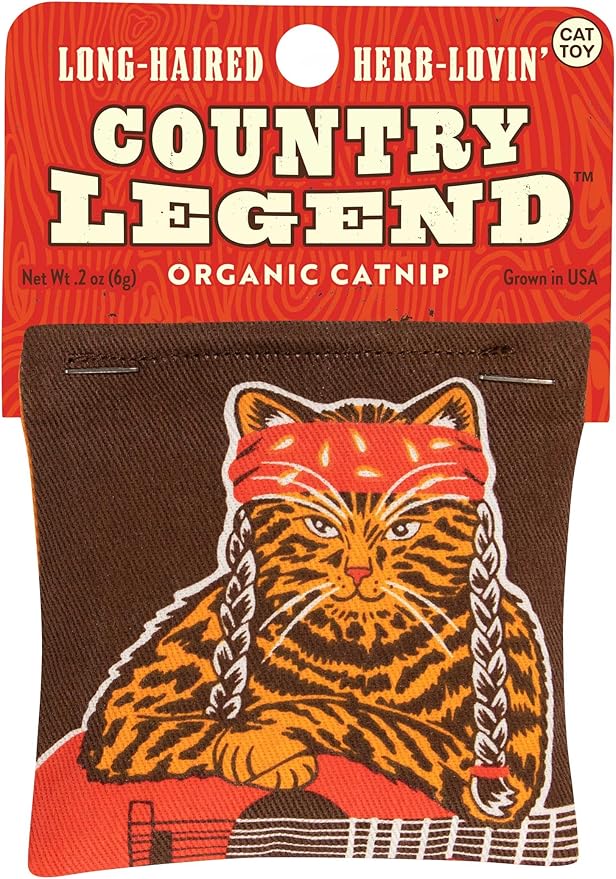 Blue Q Long-Haired, Herb-Lovin' Country Legend Catnip Cat Toy. Premium Organic Catnip Grown in The USA, 100% Cotton Pouches, Kitty Graphics Sure to Delight Every Cat-Keeper.-Mewly Pet