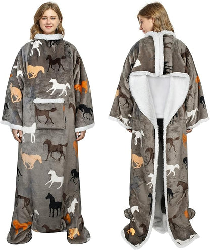 Catalonia Sherpa Wearable Blanket with Sleeves & Foot Pockets for Adult Women Men, Comfy Snuggle Wrap Sleeved Throw Blanket Robe, Gift Idea, Taupe Horse