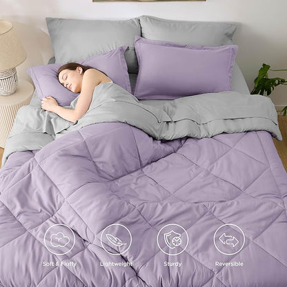 Bedsure Full Size Comforter Set - 7 Pieces Reversible Light Purple Bedding, Full Size Bed Set for All Seasons, Bed in a Bag with Down Alternative Comforter, Sheets, Pillowcases & Shams