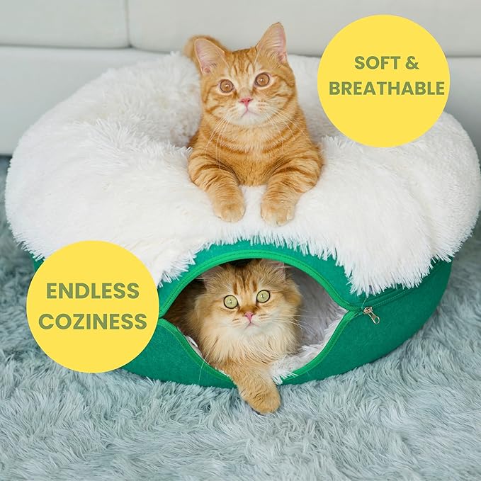 CATTASAURUS Peekaboo Cat Cave for Multiple & Large Cats Up to 30-45 Lbs, Fluffy Cat Beds & Furniture, Scratch Detachable & Washable Tunnel Bed, Comfy Donut Bed (Forest Green, Large (Calming))-Mewly Pet