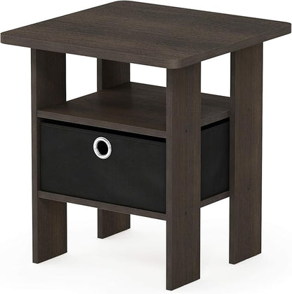 Furinno ANDREY Side Table, End Table, Night Stand with Open Shelves and Storage Bin, Bedside Table, for Living Room, Bedroom, Dark Brown