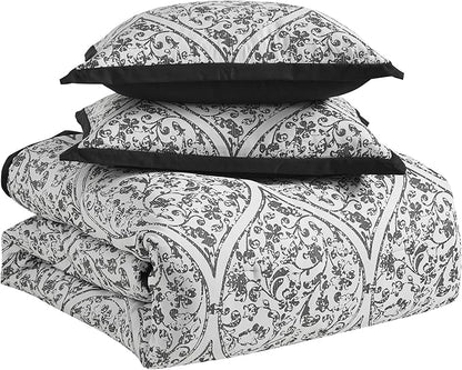 Queen Comforter Set - Complete 7-Piece Bedding Collection - 1 Comforter, 2 Pillow Shams, 1 Bed Skirt & 3 Decorative Accent Pillows - Premium Quality, Queen, Black/White Damask