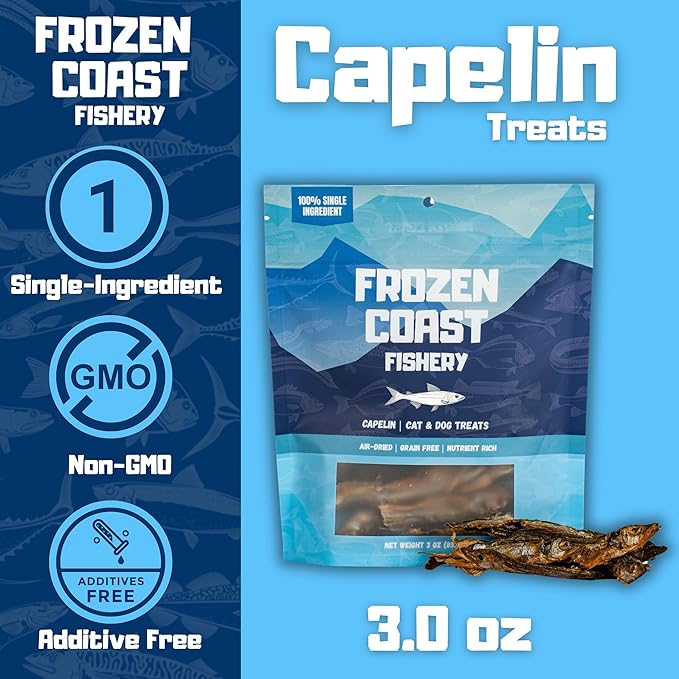 Frozen Coast Capelin Cat & Dog Treats- Single-Ingredient, All-Natural, High-Protein, Omega-3s, Fish Snacks (3 oz Bag)-Mewly Pet