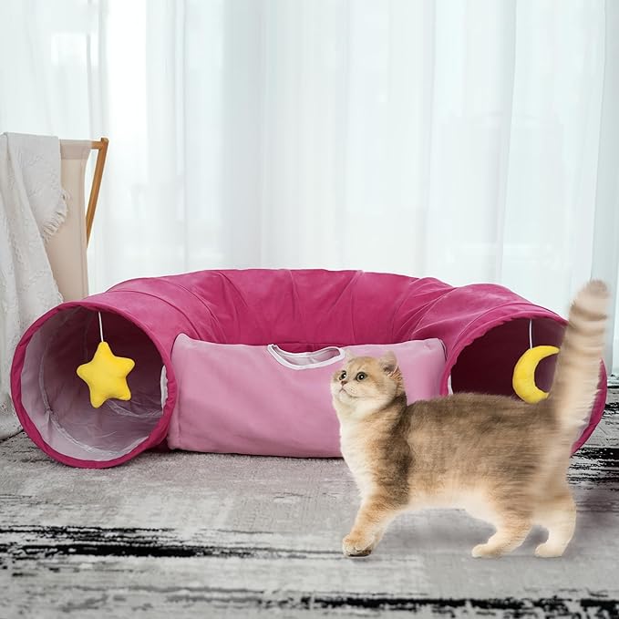 Cat Tunnel, Large Indoor Durable Collapsible Interactive Cat Tube with Peek-A-Boo Hole, Hanging Toys, and Crinkly Paper Lining - Cute Tunnel for Cats, Kittens, Puppies & Rabbits, Pink-Mewly Pet