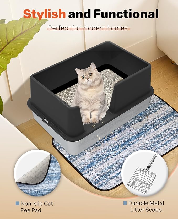 Stainless Steel Litter Box with Lid, 23.5" L x 15.8" W x 12.6" H, XL Metal Cat Box for Big Cats, High Sided Kitty Litter Box with Scoop & Pee Pads, Non-Sticky, Anti-Leakage, Easy to Clean (Black)-Mewly Pet
