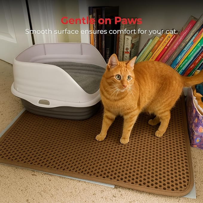 Small Cat Litter Trapper by iPrimio - Litter Mat, EZ Clean Cat Mat, Litter Box Mat Water Proof Layer and Puppy Pad Option. Patented (23"x21" Brown)-Mewly Pet