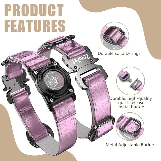 AirTag Dog Collar - Leather Dog Collar with Airtag Holder | IP68 Waterproof AirTag Holder with Metal Buckle, Comfortable GPS Dog Collars Tracker for Medium Large Dogs (Rose Gold, XL)-Mewly Pet