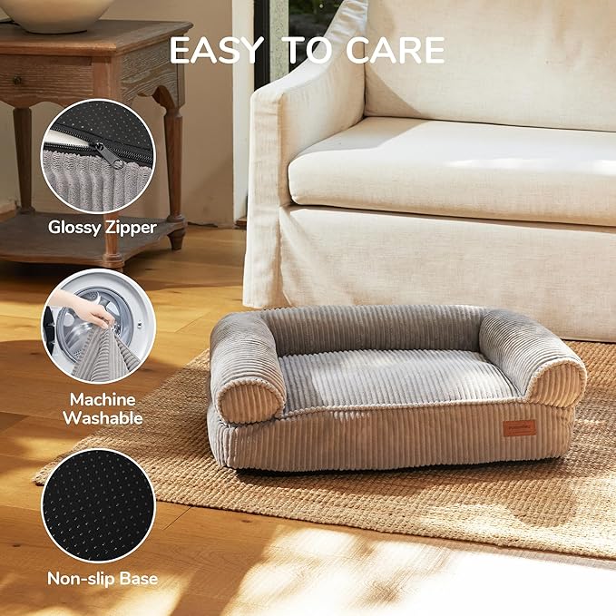 FUKUMARU Dog Couch Bed, Corduroy Cozy Cat Bed for Indoor Cats with Washable Cover, Supportive Waterproof Dog Beds Sofa for Small Dogs and Large Cats Cute, 28inch, Medium, Light Grey-Mewly Pet