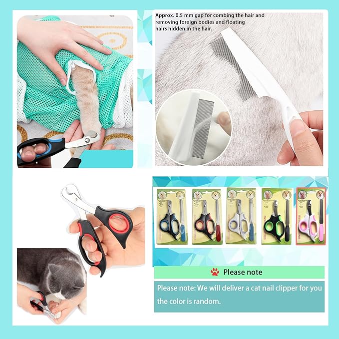 8 Piece Cat Grooming Supplies ，Adjustable Multifunctional Anti-Bite Shower net Bag，Cat Claw Covers，Cat Bath Brush and Cat Nail Clipper(Grey-B)-Mewly Pet