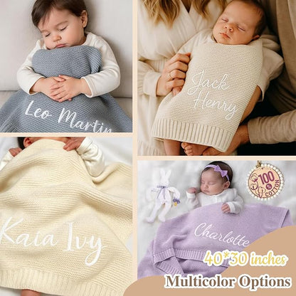 Personalized Embroidered Baby Blanket for Boys/Girls, Cotton Chunky Knit Customized Swaddle with Name, 40 * 30 inches, Handmade Receiving Nursery Blankets, Newborn, Birthday