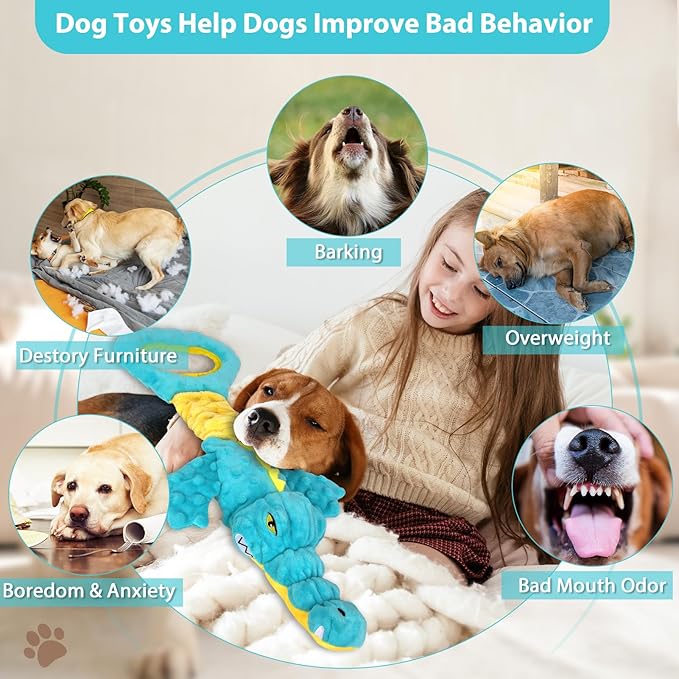 Dog Toys Cute Alligator Dog Toy Tough Plush Puppy Toy for Playtime, Training & Tug of War- Interactive Squeaky & Crinkle Chew Toy for Small to Large Dogs-Mewly Pet