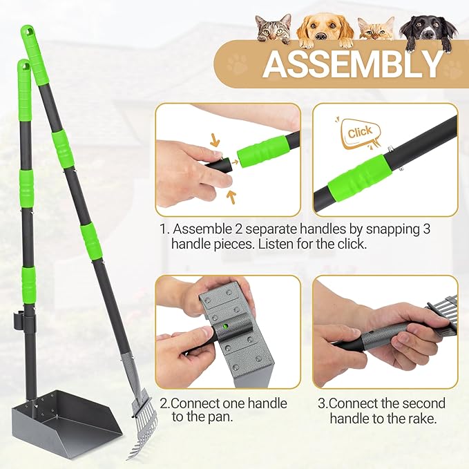 Heeyoo Dog Pooper Scooper, Dog Poop Tray and Rake Set, Pet Waste Removal Scoop with Long Adjustable Sectional Stainless Handles-Mewly Pet