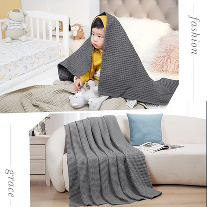 PHF Pre-Washed Cotton Waffle Weave Blanket Throw Size for Couch Bed,Snag Proof Spring Summer Lightweight Breathable,Oeko-TEX Certified,Machine Washable, Home Decor Gift，Charcoal