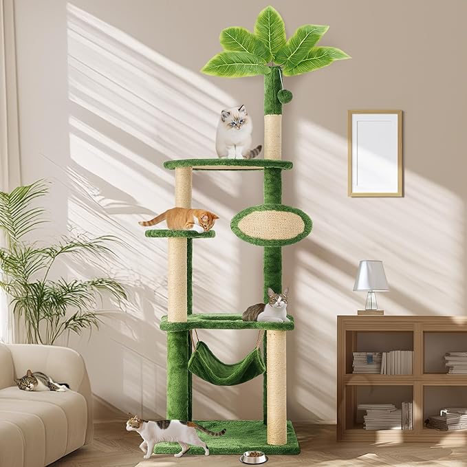 55 Inch Large Cat Tree Tower for Indoor Cats with Hammock Green Leaves Sisal Scratching Post, Plush Hang Ball Play Furniture for Kittens & Adult Cats,New Green-Mewly Pet