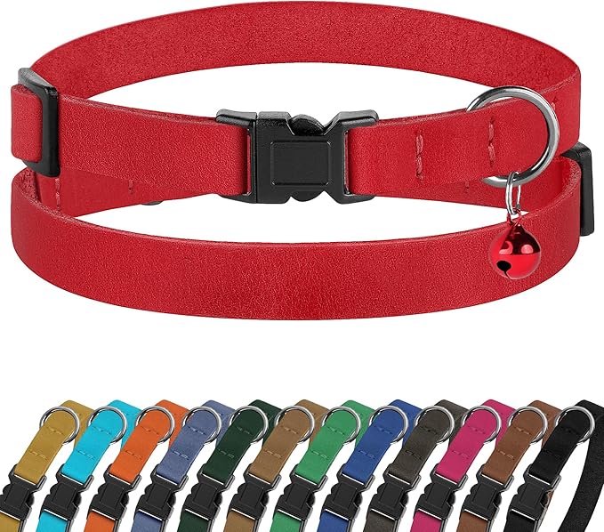 Breakaway Cat Collar Leather with Removable Bell - 13 Colors Available - Soft Adjustable Girl Boy Safety Lightweight Pet Kitten Collars Pink Brown Blue Green Red Orange Black (Red)-Mewly Pet