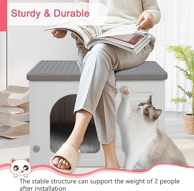 Rockever Plastic Cat House Outdoor with Escape Door, Waterproof Feral Cat House Outdoor Indoor, Sturdy Cat House for Outdoor Cats with Cat Bed Mat, Assemble Easily-Grey-Mewly Pet