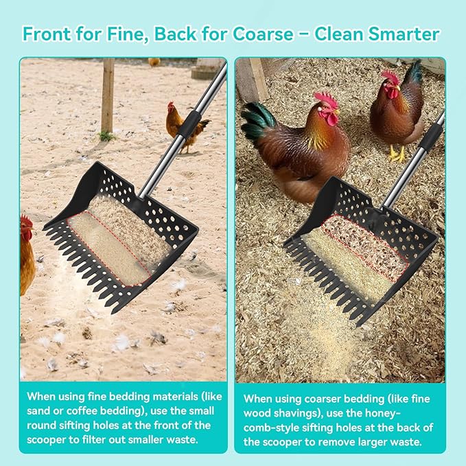 12-Inch 2-in-1 Chicken Poop Scooper & Rake – US Patent Pending – 3-Shape Sifting Holes Chicken Coop Rake，Stainless Steel Handle （20–61"）– Litter Scoop Sand & Sifting Shovel for Chicken Coops (Black)-Mewly Pet